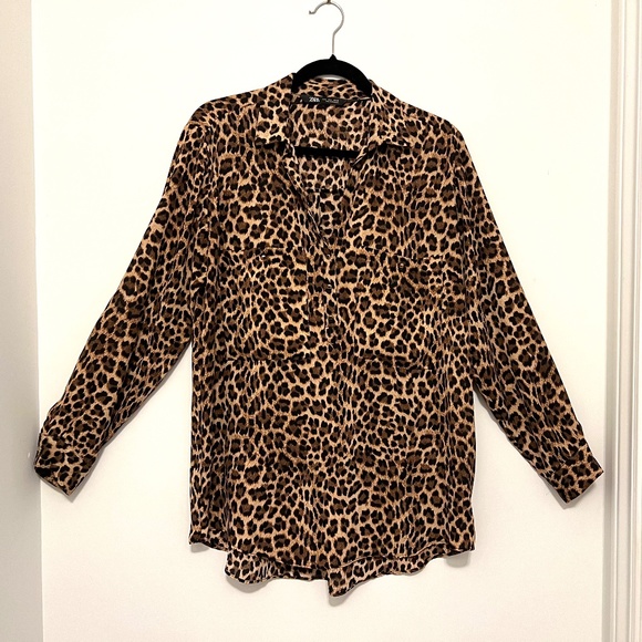 Zara Leopard Print Blouse Top Long Sleeve Size L - Picture 1 of 11
